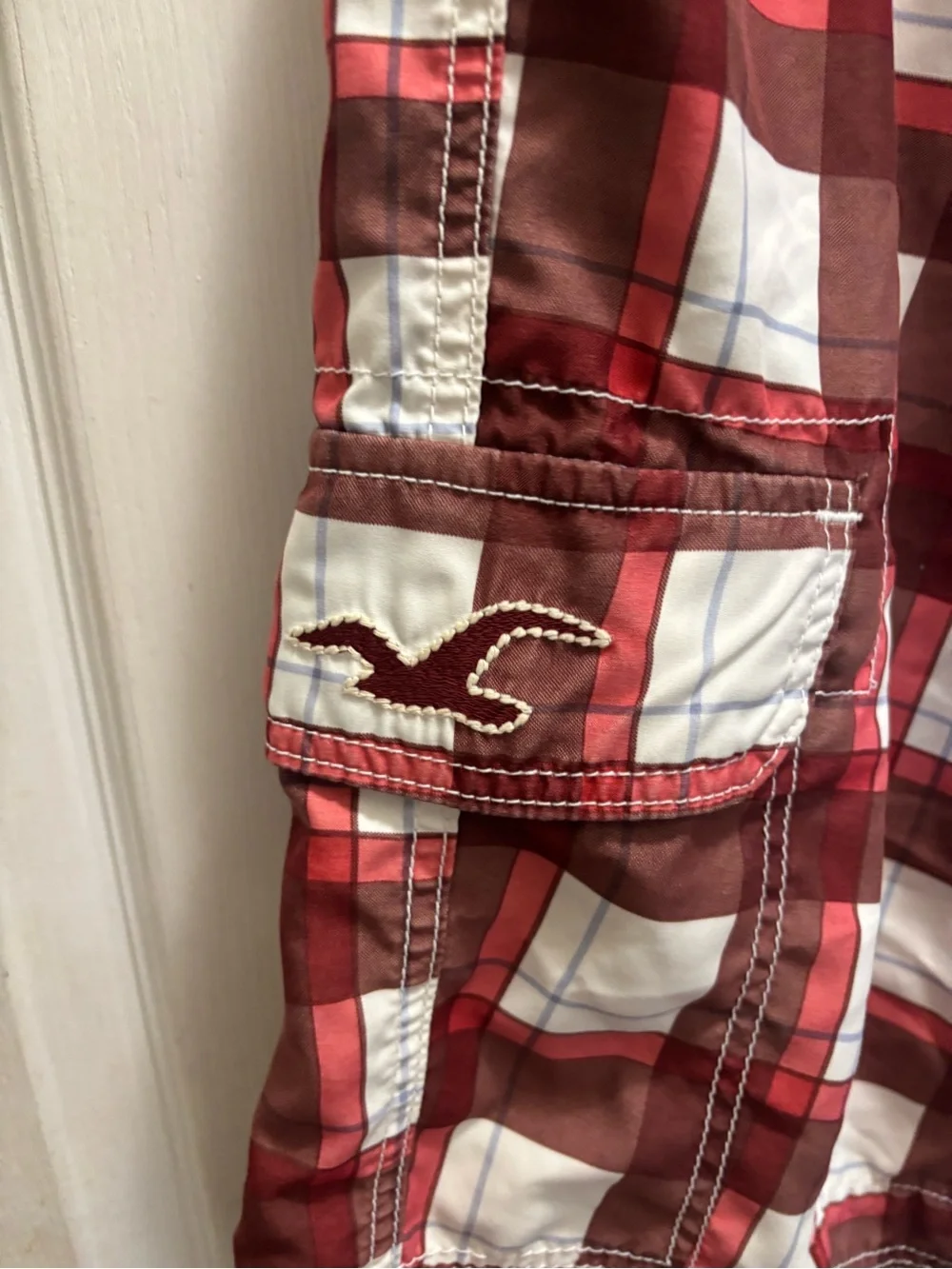 Hollister Men's Red Plaid Swim Board Shorts - Lightweight Quick-Dry